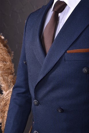 Lacivert Renk, Kruvaze Tek Ceket Sivri Yaka | Agustini