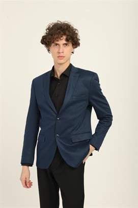 Lacivert Renk Yeşil Noktalı Desen,Mono Yaka Çift Düğme Çift Yırtmaç Tek Ceket Slim Fit Kalıp | Agustini