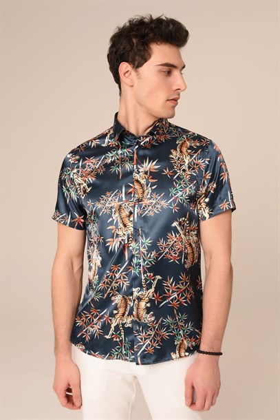 Lacivert Saten Çiçekli Slim Fit Gömlek | Agustini