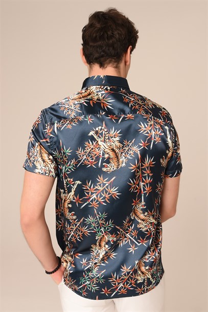 Lacivert Saten Çiçekli Slim Fit Gömlek | Agustini