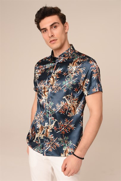 Lacivert Saten Çiçekli Slim Fit Gömlek | Agustini