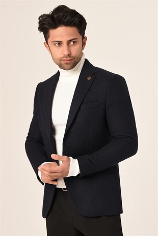 Lacivert,Blazer Tek Ceket Mono Yaka Slim Fit | Agustini