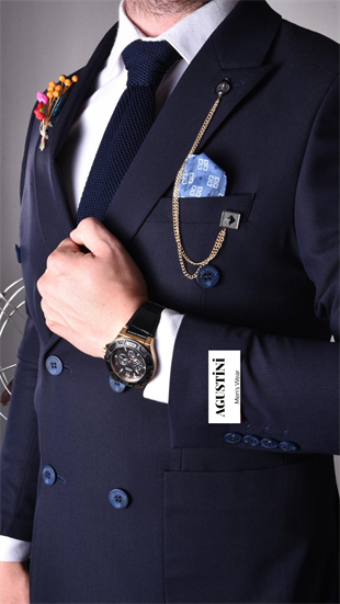 Lacivert,Kruvaze Takım Elbise Sivri Yaka Slim Fit | Agustini