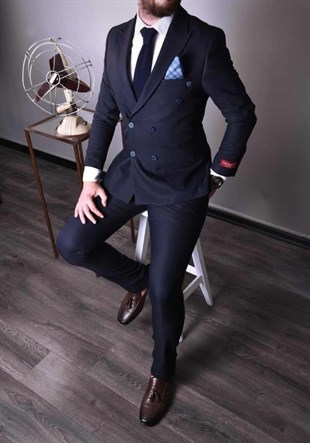 Lacivert,Kruvaze Takım Elbise Sivri Yaka Slim Fit | Agustini