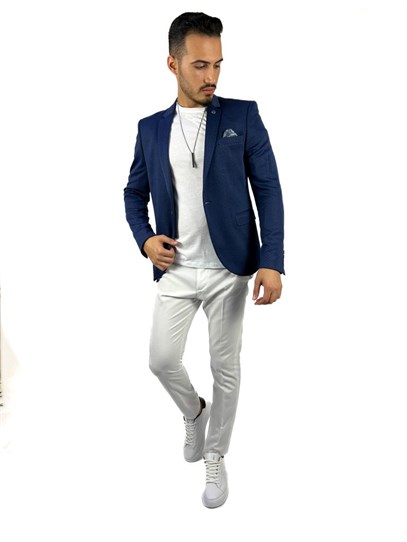 Lacivert,Yarım Astar Blazer Tek Ceket Mono Yaka Slim Fit | Agustini