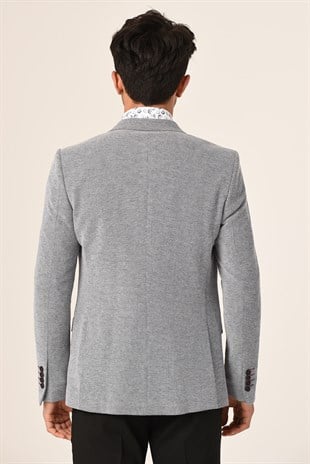 Mavi Beyaz Armürlü,Blazer Tek Ceket Mono Yaka Slim Fit | Agustini