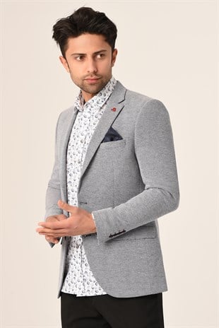 Mavi Beyaz Armürlü,Blazer Tek Ceket Mono Yaka Slim Fit | Agustini