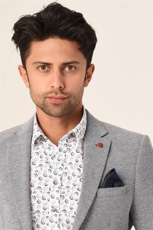 Mavi Beyaz Armürlü,Blazer Tek Ceket Mono Yaka Slim Fit | Agustini