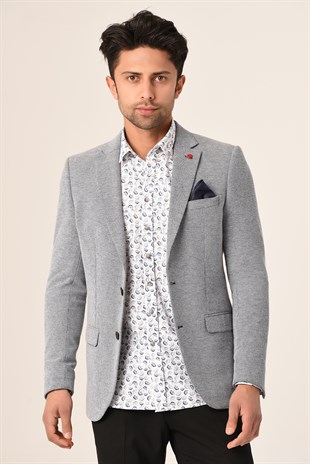 Mavi Beyaz Armürlü,Blazer Tek Ceket Mono Yaka Slim Fit | Agustini