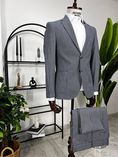 Mavi Beyaz Desenli 2Lİ Takım Elbise Mono Yaka Torba Cep Slim Fit Kalıp | Agustini