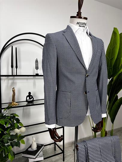 Mavi Beyaz Desenli 2Lİ Takım Elbise Mono Yaka Torba Cep Slim Fit Kalıp | Agustini