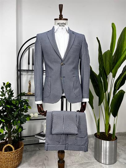 Mavi Beyaz Desenli 2Lİ Takım Elbise Mono Yaka Torba Cep Slim Fit Kalıp | Agustini
