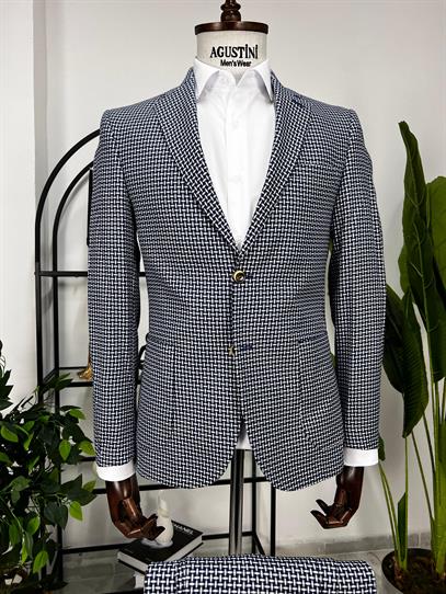 Mavi Beyaz Desenli 2Lİ Takım Elbise Mono Yaka Torba Cep Slim Fit Kalıp | Agustini