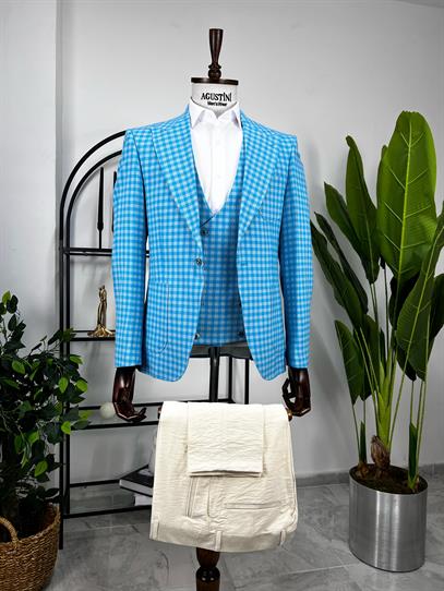 Mavi Ekose Kombinli 3Lü Takım Elbise Sivri Yaka Torba Cep Slim Fit Kalıp | Agustini