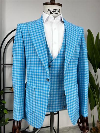 Mavi Ekose Kombinli 3Lü Takım Elbise Sivri Yaka Torba Cep Slim Fit Kalıp | Agustini
