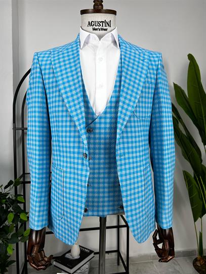 Mavi Ekose Kombinli 3Lü Takım Elbise Sivri Yaka Torba Cep Slim Fit Kalıp | Agustini