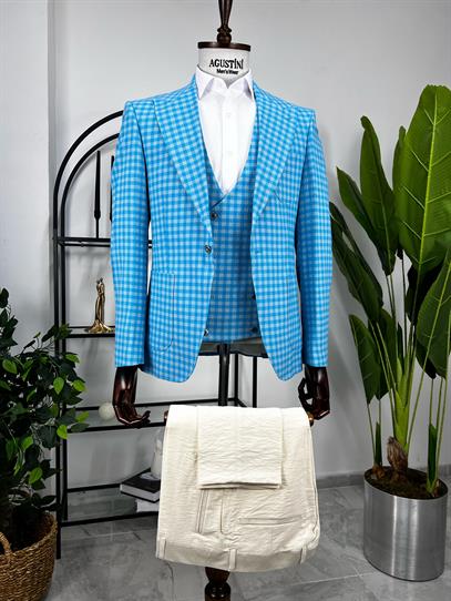 Mavi Ekose Kombinli 3Lü Takım Elbise Sivri Yaka Torba Cep Slim Fit Kalıp | Agustini