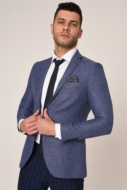 Mavi Renk  Blazer Tek Ceket Mono Yaka Slim Fit | Agustini