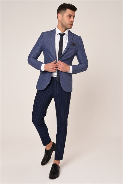Mavi Renk  Blazer Tek Ceket Mono Yaka Slim Fit | Agustini