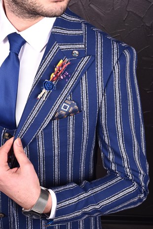 Mavi Renk Ekru Çizgili Yelekli Takım Elbise | Agustini