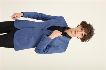 Mavi Renk Kendinden Desenli Mono Yaka İki Düğme Çift Yırtmaç Tek Ceket Orta Fit Kalıp | Agustini