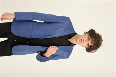 Mavi Renk Kendinden Desenli Mono Yaka İki Düğme Çift Yırtmaç Tek Ceket Orta Fit Kalıp | Agustini