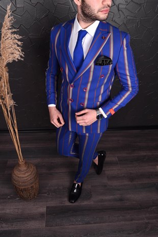 Mavi Renk,Çizgili Kruvaze Takım Elbise Sivri Yaka | Agustini