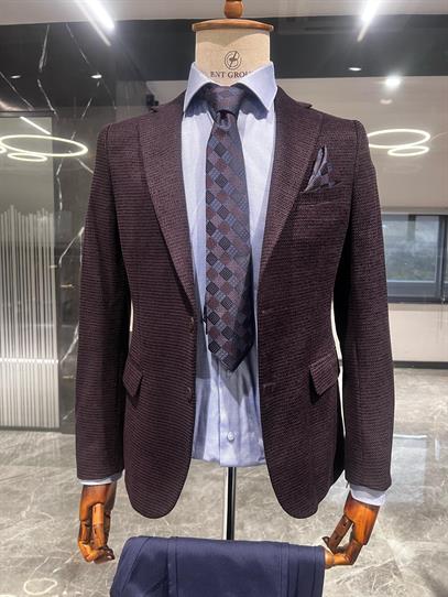 Mürdüm Renk Blazer Tek Ceket Slim Fit | Agustini