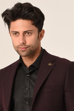 Mürdüm Renk Tek Ceket Mono Yaka Slim Fit | Agustini