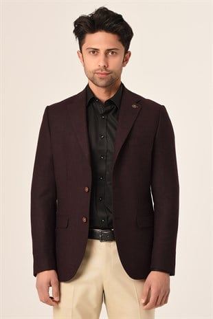 Mürdüm Renk Tek Ceket Mono Yaka Slim Fit | Agustini