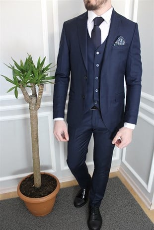 Orta Ton Lacivert Yelekli Takım Elbise | Agustini