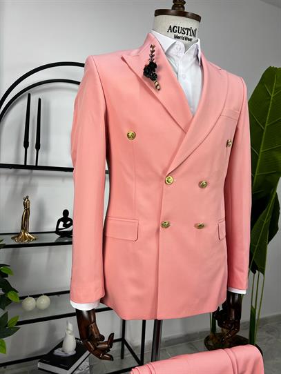 Pembe Kruvaze 2Lİ Takım Elbise Sivri Yaka Slim Fit Kalıp | Agustini
