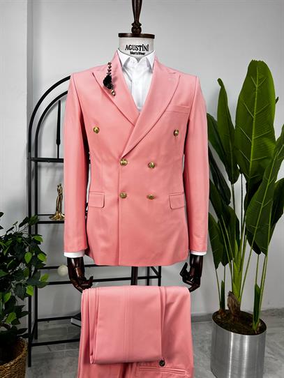 Pembe Kruvaze 2Lİ Takım Elbise Sivri Yaka Slim Fit Kalıp | Agustini
