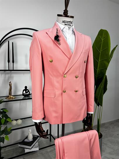 Pembe Kruvaze 2Lİ Takım Elbise Sivri Yaka Slim Fit Kalıp | Agustini