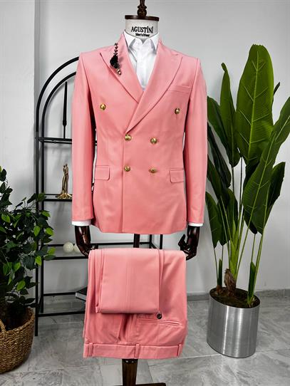 Pembe Kruvaze 2Lİ Takım Elbise Sivri Yaka Slim Fit Kalıp | Agustini