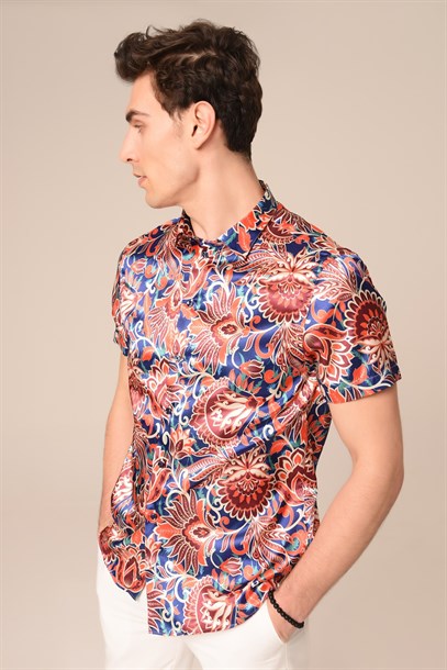 Pembe Saten Çiçek Desenli Slim Fit Gömlek | Agustini