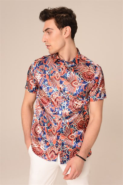 Pembe Saten Çiçek Desenli Slim Fit Gömlek | Agustini