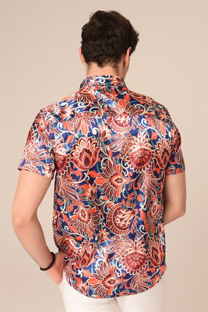 Pembe Saten Çiçek Desenli Slim Fit Gömlek | Agustini