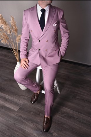 Pudra Kruvaze Takım Elbise Sivri Yaka | Agustini