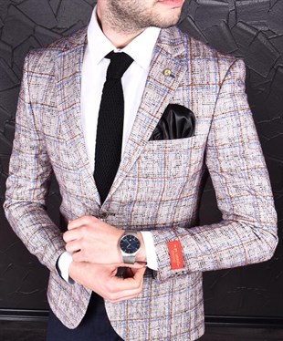 Pudra Renk Ekose Blazer Tek Ceket Yarım Astar Mono Yaka Slim Fit | Agustini