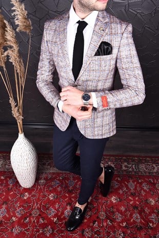 Pudra Renk Ekose Blazer Tek Ceket Yarım Astar Mono Yaka Slim Fit | Agustini