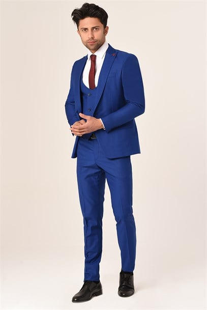 Saks Mavi Yelekli Sivri Yaka Yeni Nesil Takım Elbise Slim Fit | Agustini