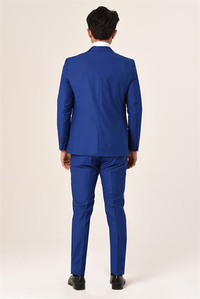 Saks Mavi Yelekli Sivri Yaka Yeni Nesil Takım Elbise Slim Fit | Agustini