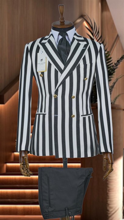 Siyah Beyaz Çizgili İtalyan Stil Kruvaze Ceket Geniş Sivri Yaka Slim Fit | Agustini