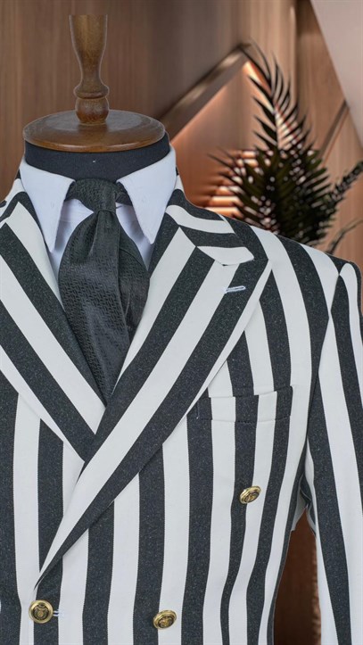 Siyah Beyaz Çizgili İtalyan Stil Kruvaze İkili Kombin Takım Elbise Geniş Sivri Yaka Slim Fit | Agustini