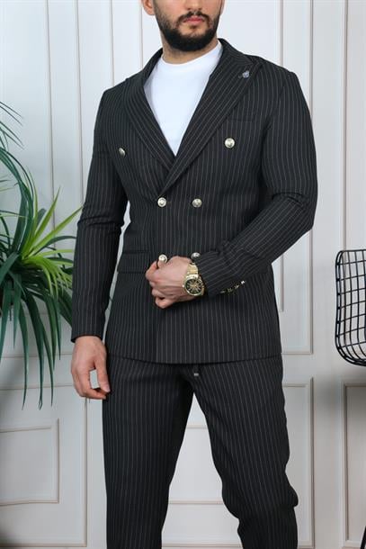 Siyah Beyaz Çizgili Kruvaze Jogger Pantolonlu Sivri Yaka Takım  Elbise Slim Fit | Agustini