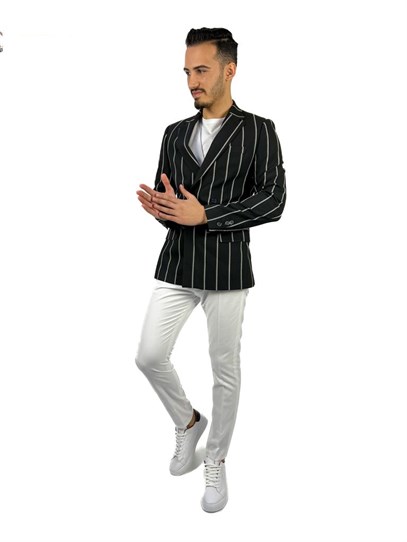 Siyah Beyaz Çızgili Kruvaze Mono Yaka Slim Fit Tek Ceket | Agustini