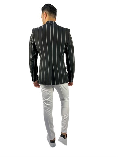 Siyah Beyaz Çızgili Kruvaze Mono Yaka Slim Fit Tek Ceket | Agustini