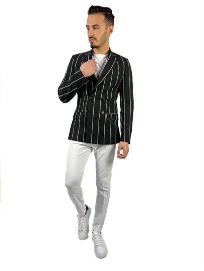 Siyah Beyaz Çızgili Kruvaze Mono Yaka Slim Fit Tek Ceket | Agustini