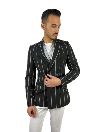 Siyah Beyaz Çızgili Kruvaze Mono Yaka Slim Fit Tek Ceket | Agustini